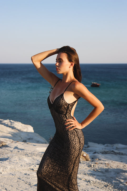 FREYA - Siyah Leopar Dantel Elbise