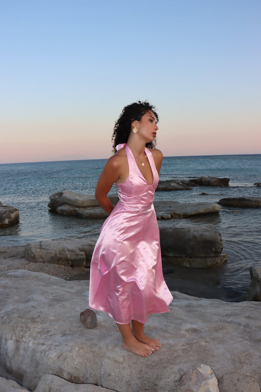 VELVETTA – Pembe Deri Desenli Saten Elbise